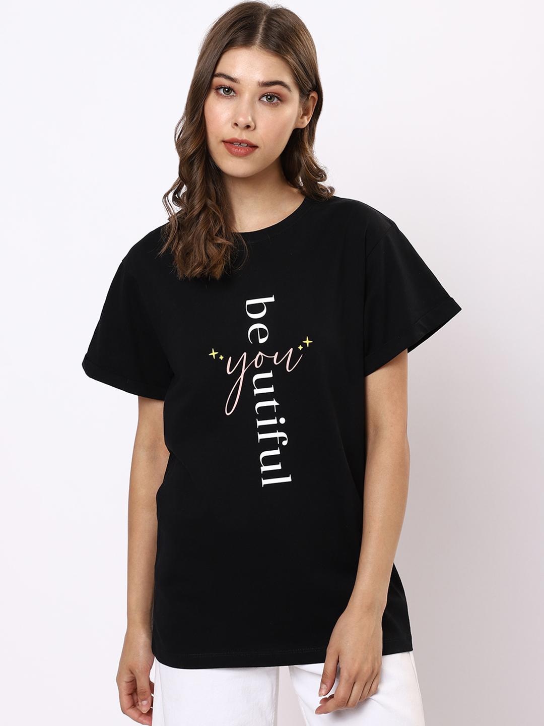 

Bewakoof Women Black Typography Pure Cotton T-shirt