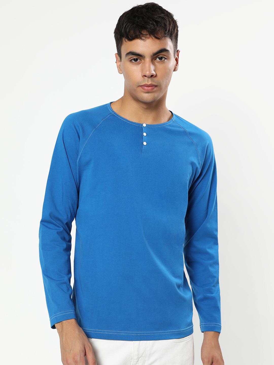 

Bewakoof Men Blue Solid Pure Cotton Henley Neck T-shirt