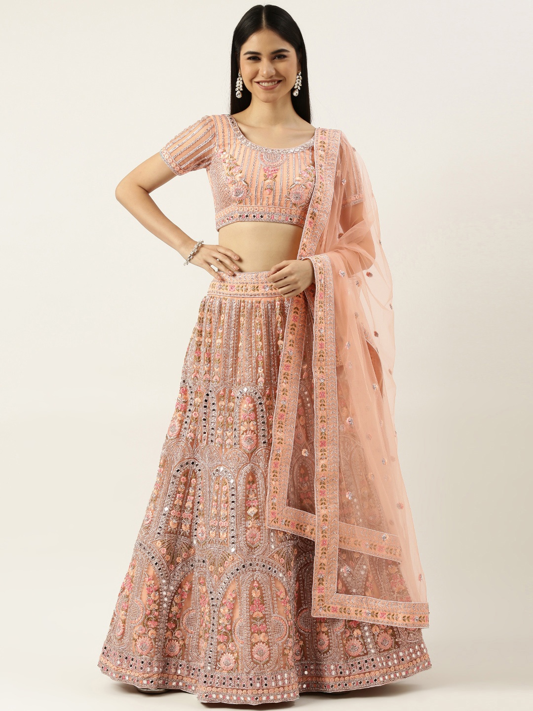 

panchhi Peach-Coloured Embroidered Mirror Work Semi-Stitched Lehenga Set