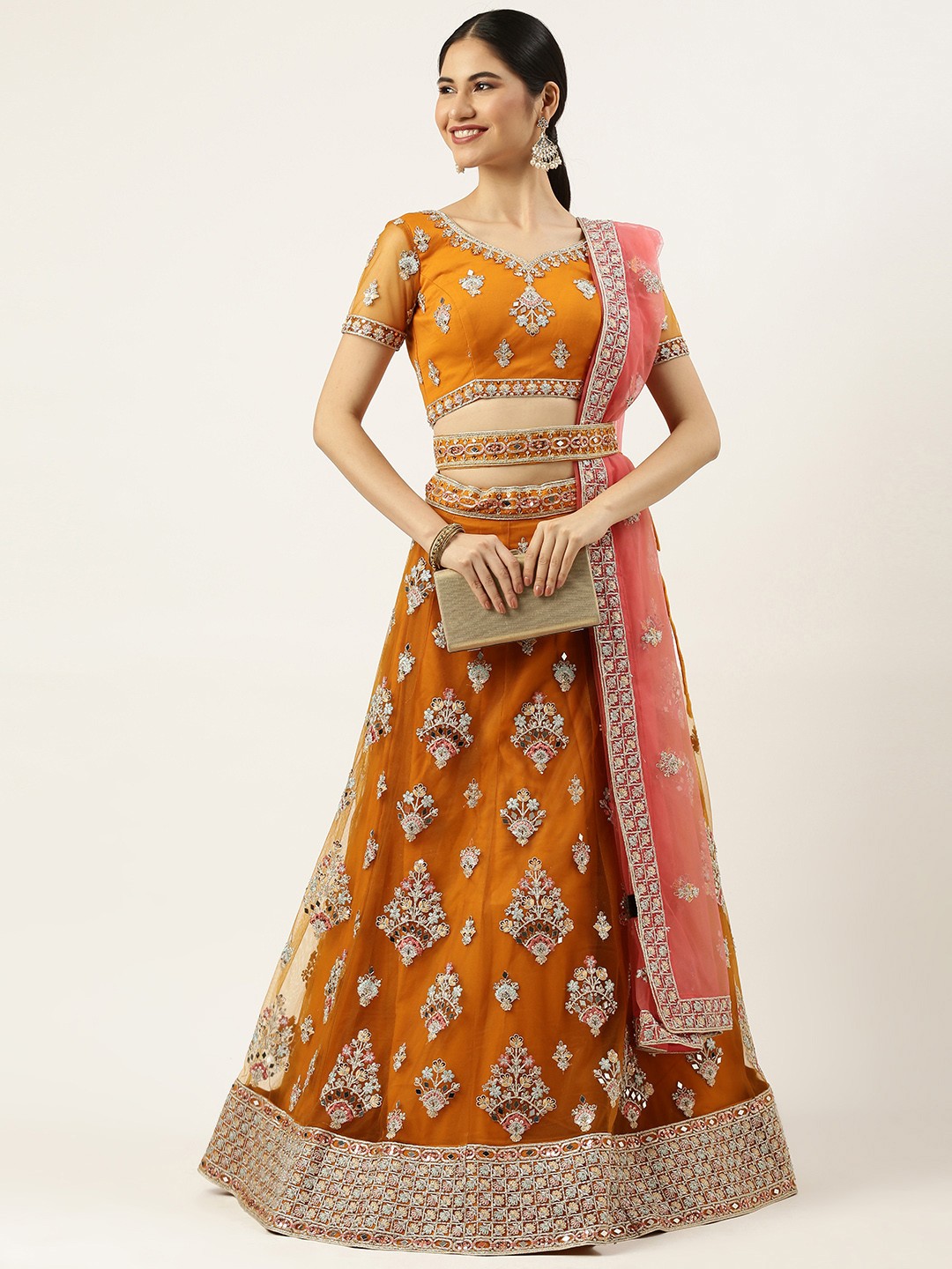

panchhi Mustard Embroidered Mirror Work Semi-Stitched Lehenga Set