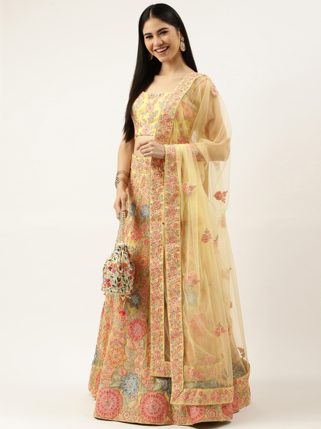 

panchhi Yellow Embellished Sequinned Semi-Stitched Lehenga & Unstitched Blouse With Dupatta