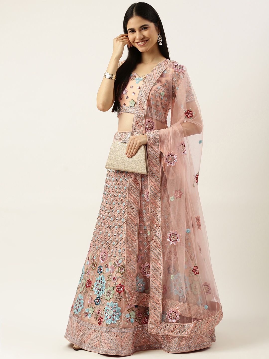 

panchhi Peach-Coloured Embroidered Sequinned Semi-Stitched Lehenga Set