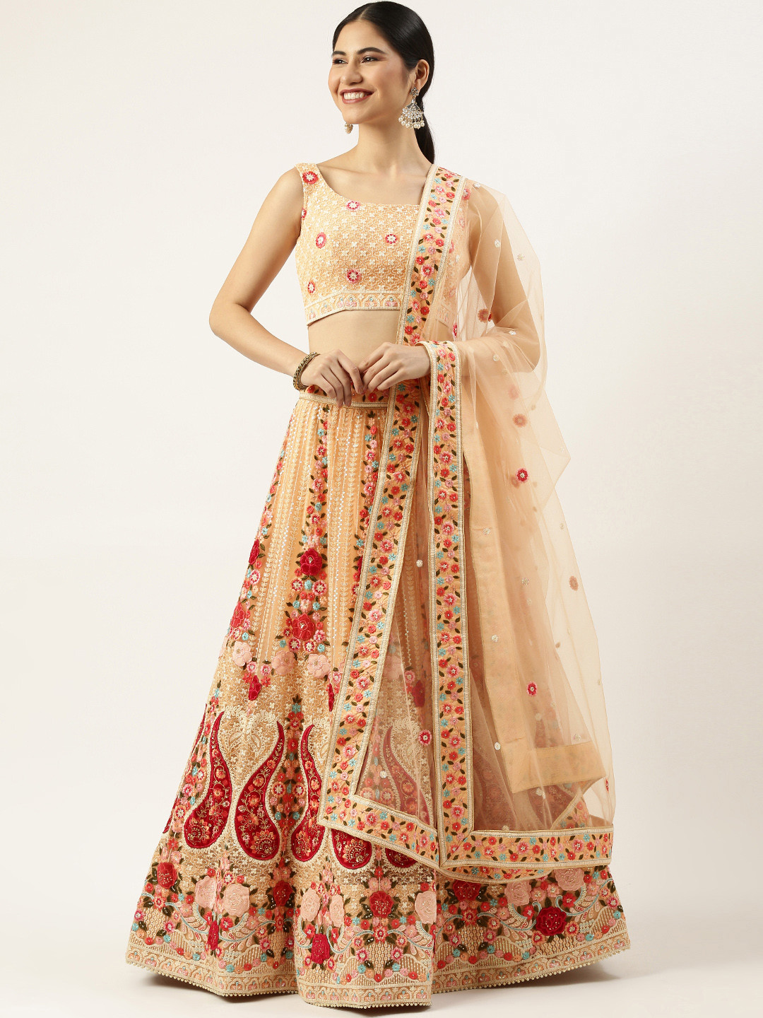 

panchhi Peach-Coloured Embellished Sequinned Semi-Stitched Lehenga & Unstitched Blouse With Dupatta