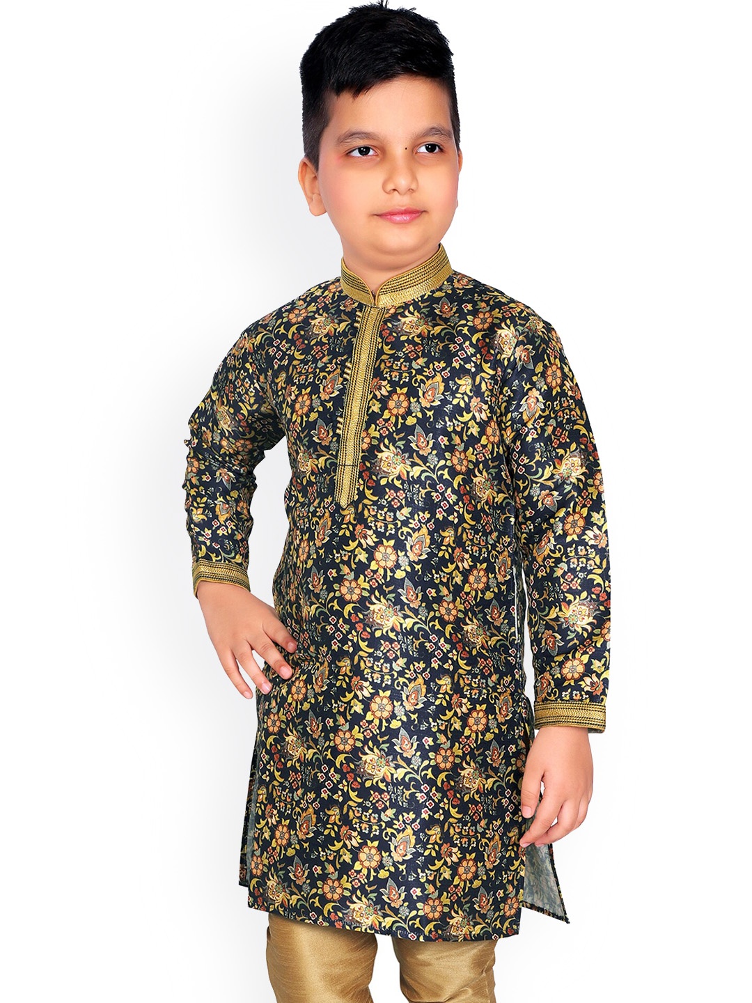 

KIDS FARM Boys Navy Blue Floral Printed Kurta with Churidar