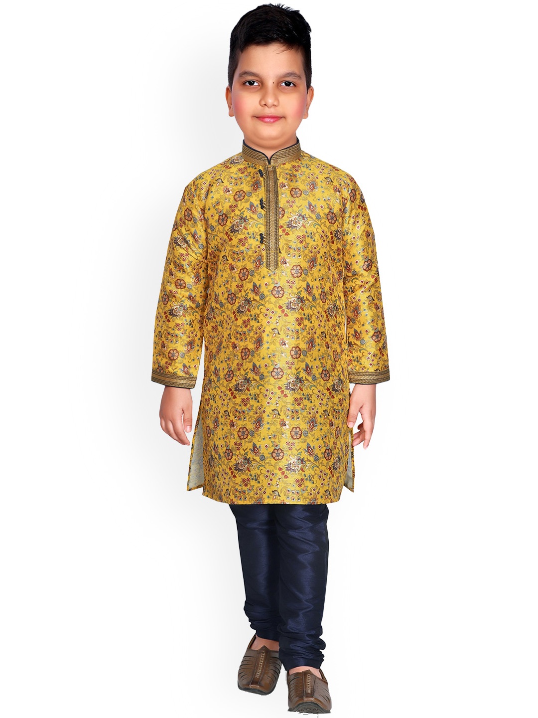 

KIDS FARM Boys Yellow Floral Printed Kurta with Churidar