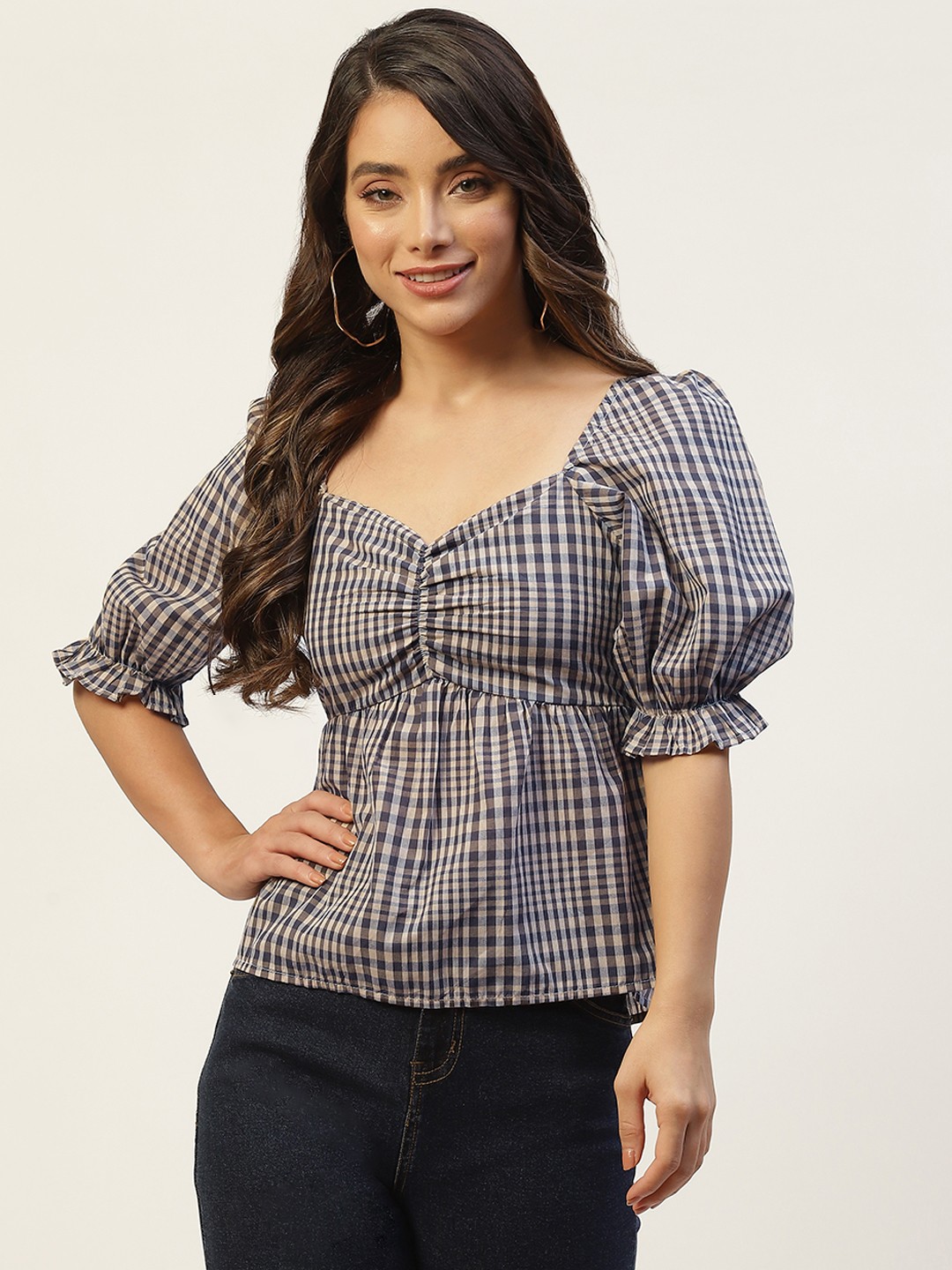 

Rue Collection Grey & Black Checked Sweetheart Neck Twisted Top