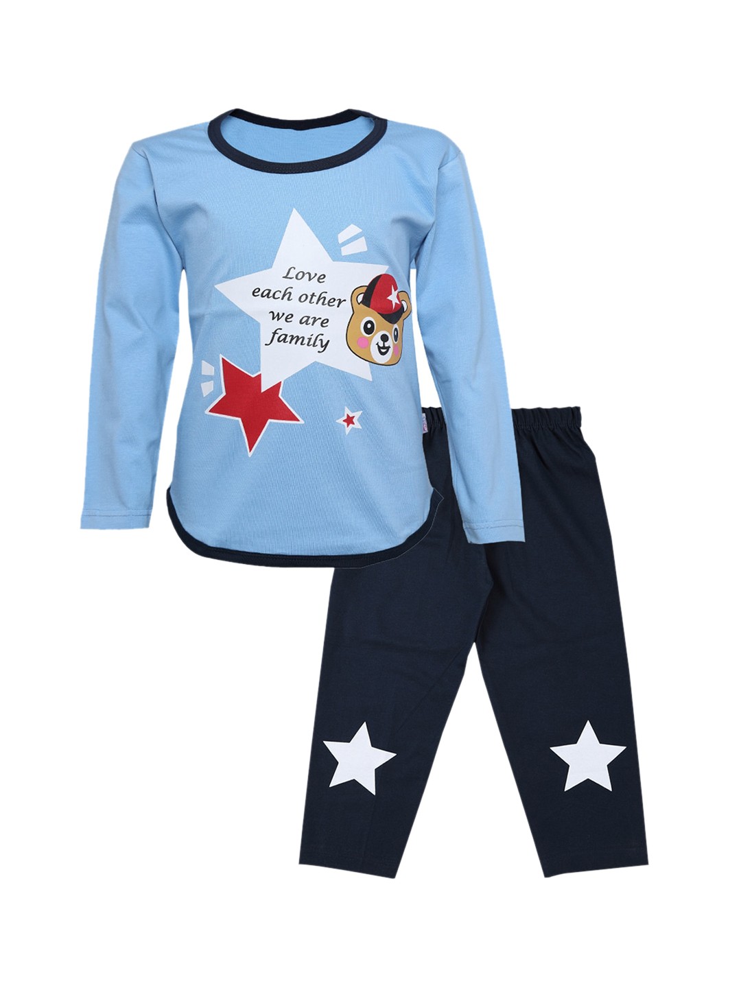 

CATCUB Unisex Kids Blue & White Printed Pure Cotton T-shirt with Trousers
