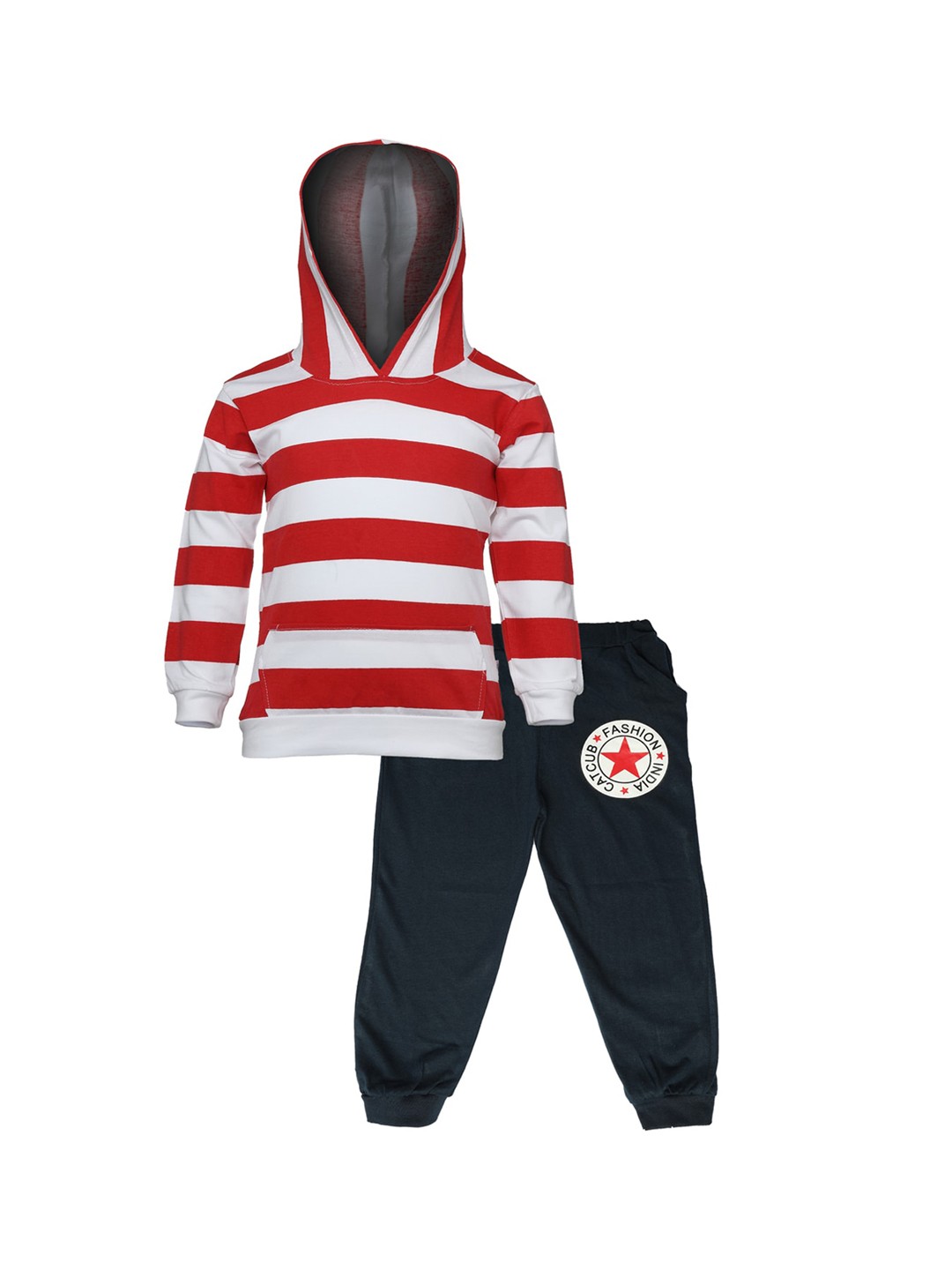 

CATCUB Kids Red & Navy Blue Striped T-shirt with Trousers