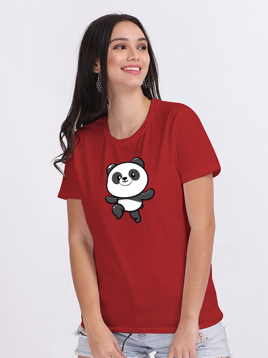 

Mad Over Print Women Red & White Panda Animal Print T-shirt