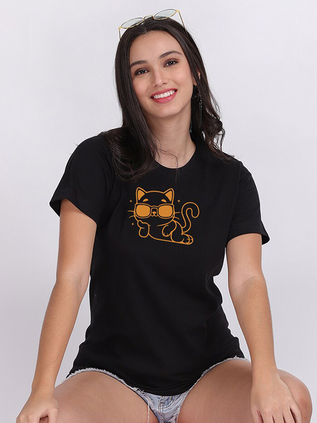 

Mad Over Print Women Black Savage Cat Animal Print T-shirt