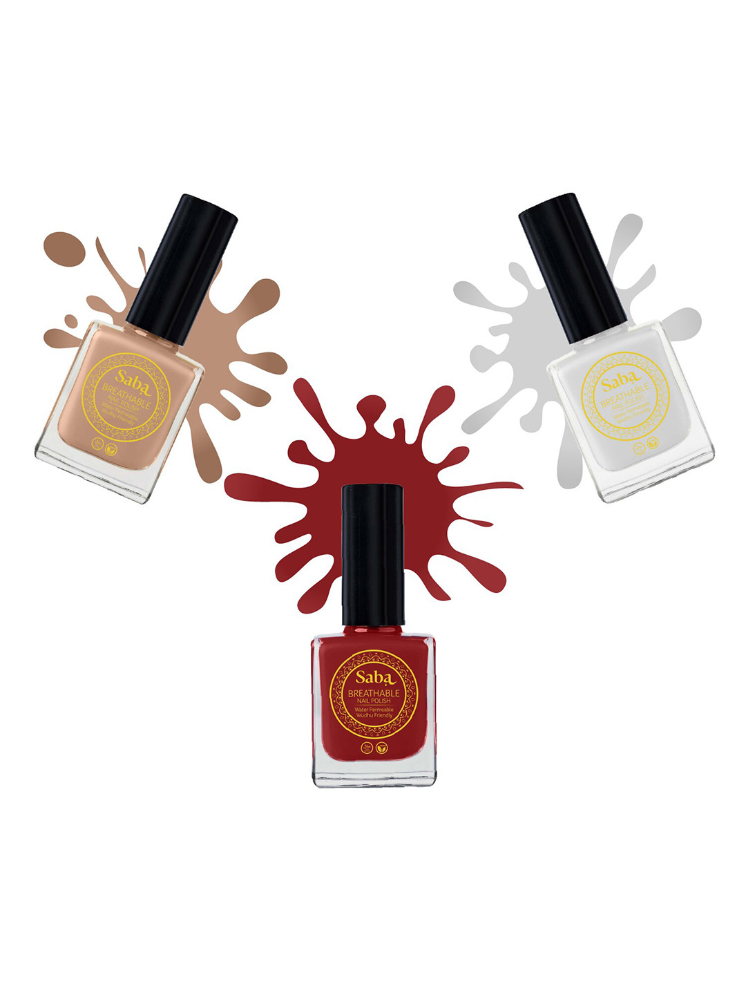 

Saba Set of 3 Breathable Nail Paint 12 ml Each - Peach Play, Rouge Red & Titanium Grey