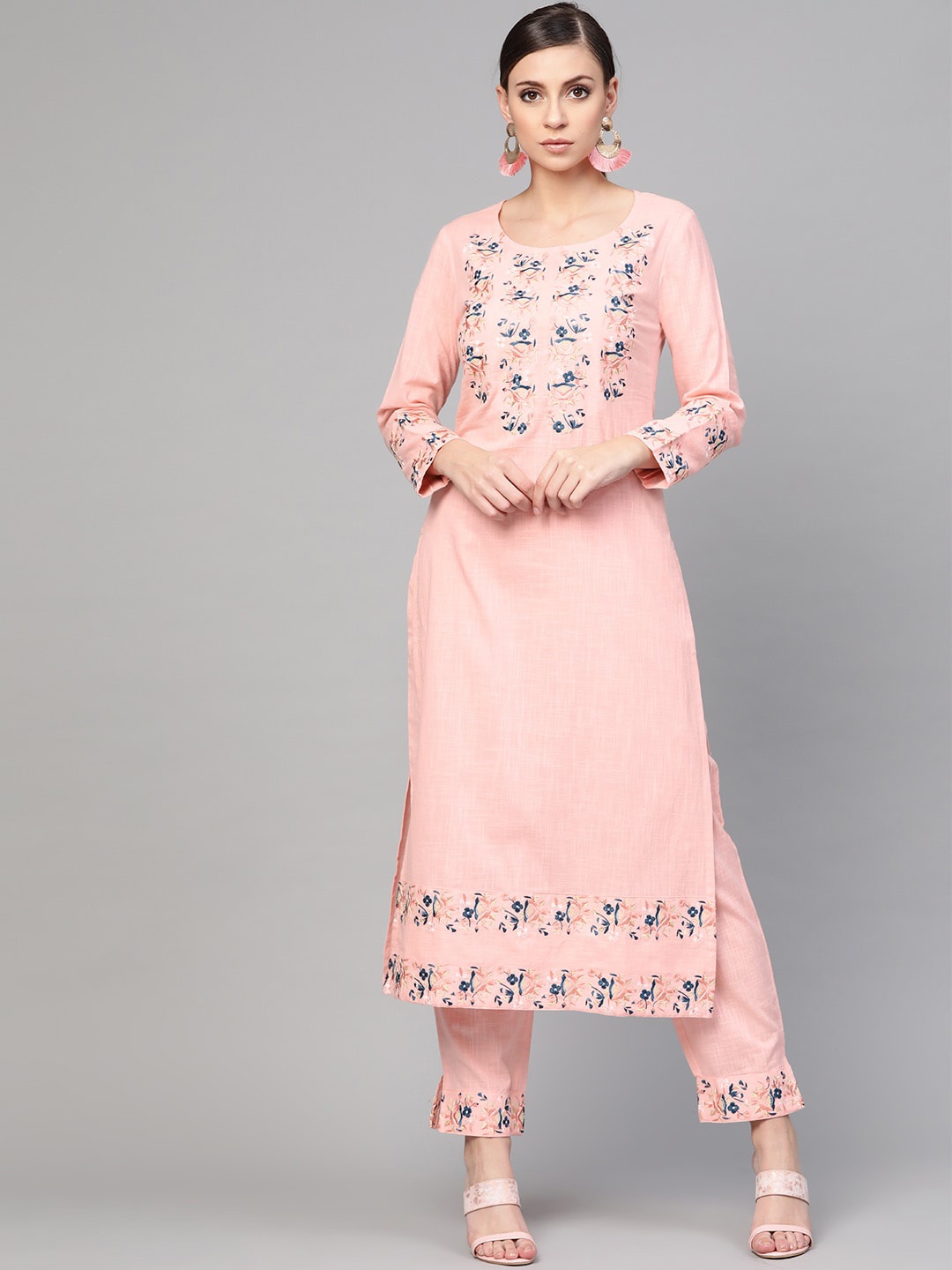 

Idalia Women Pink Floral Yoke Design Layered Kurta with Trousers