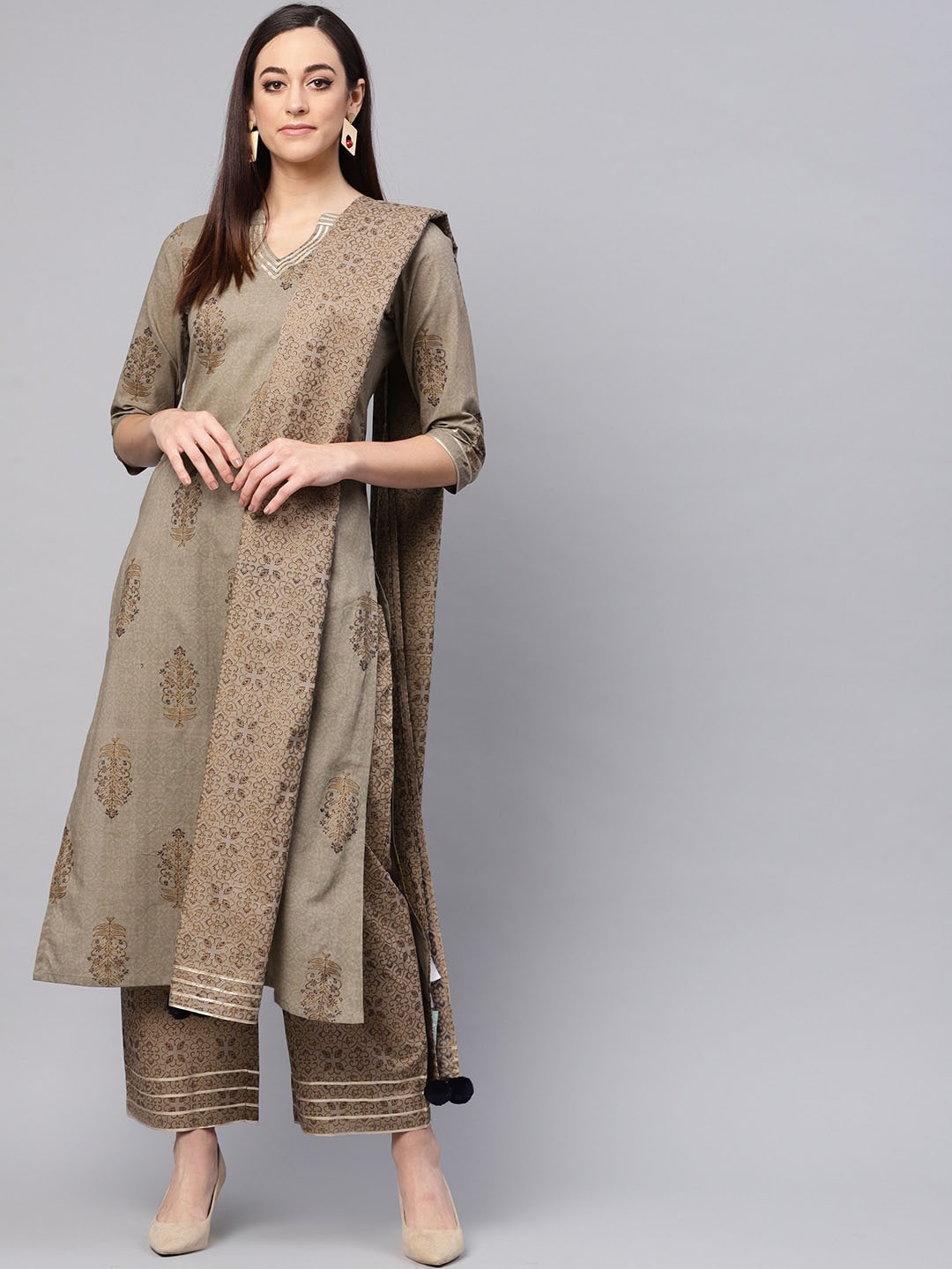 

Idalia Women Grey Ethnic Motifs Printed Kurta with Palazzos & With Dupatta