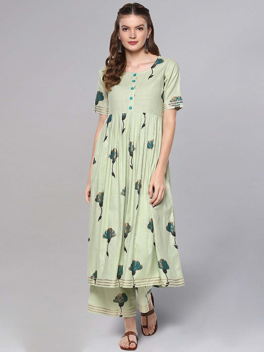 

Idalia Women Green Floral Printed Pleated Kurti with Palazzos