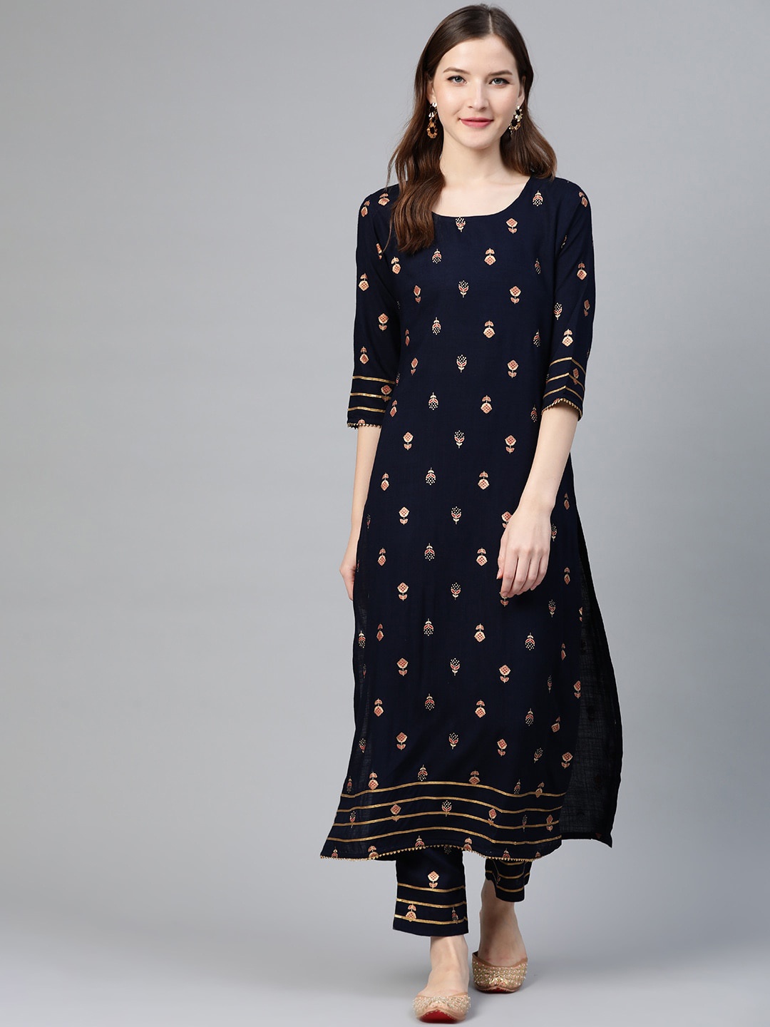 

Idalia Women Navy Blue Printed Gotta Patti Kurta with Trousers