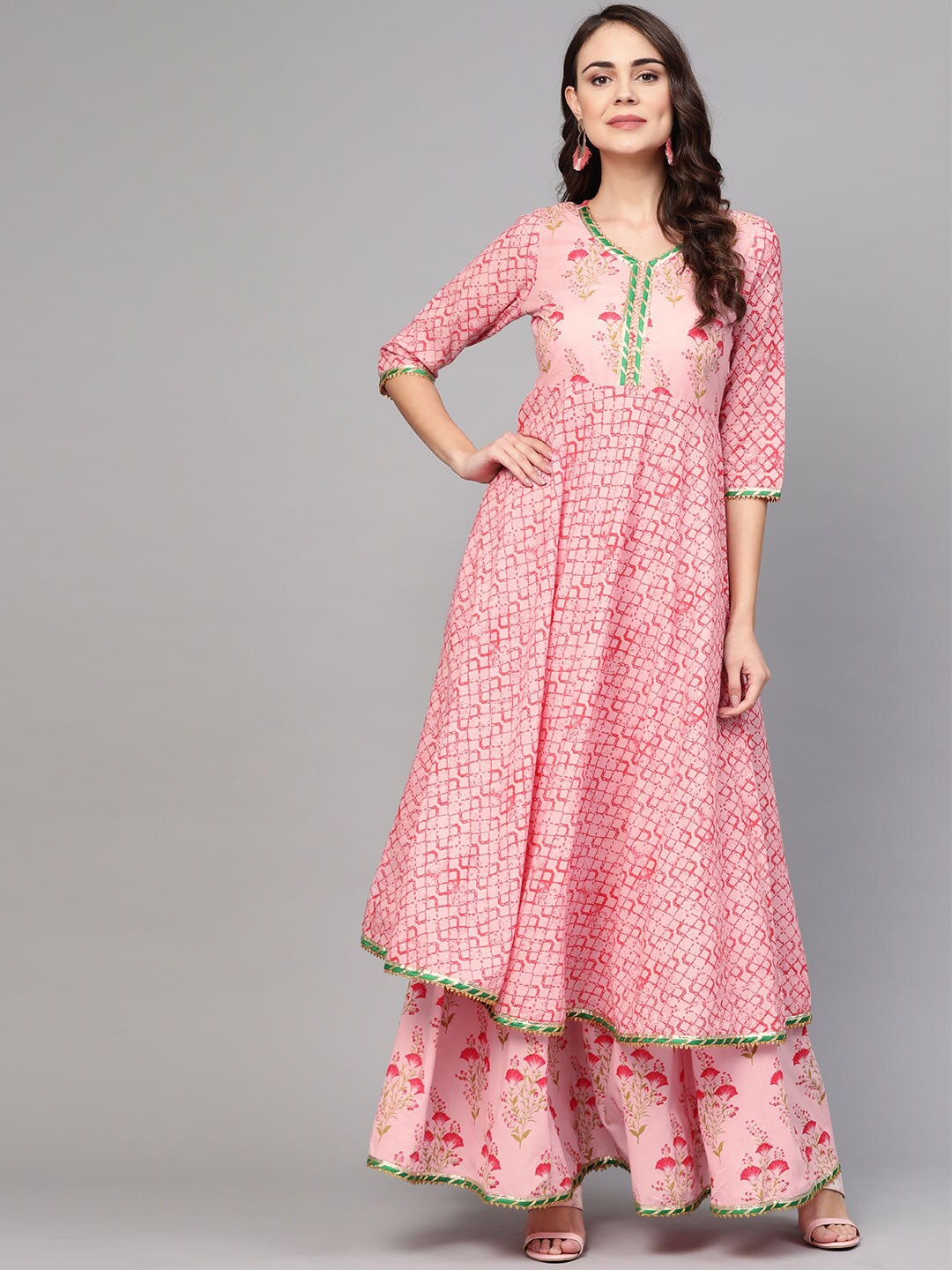 

Idalia Women Pink Printed Panelled Kurta with Skirt