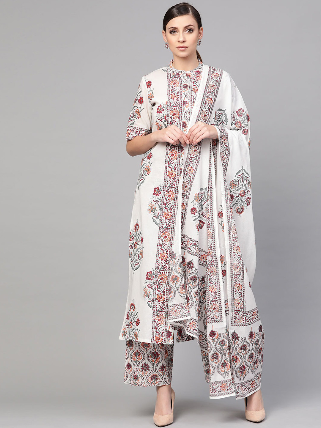 

Idalia Women White Floral Printed Kurta with Palazzos & With Dupatta