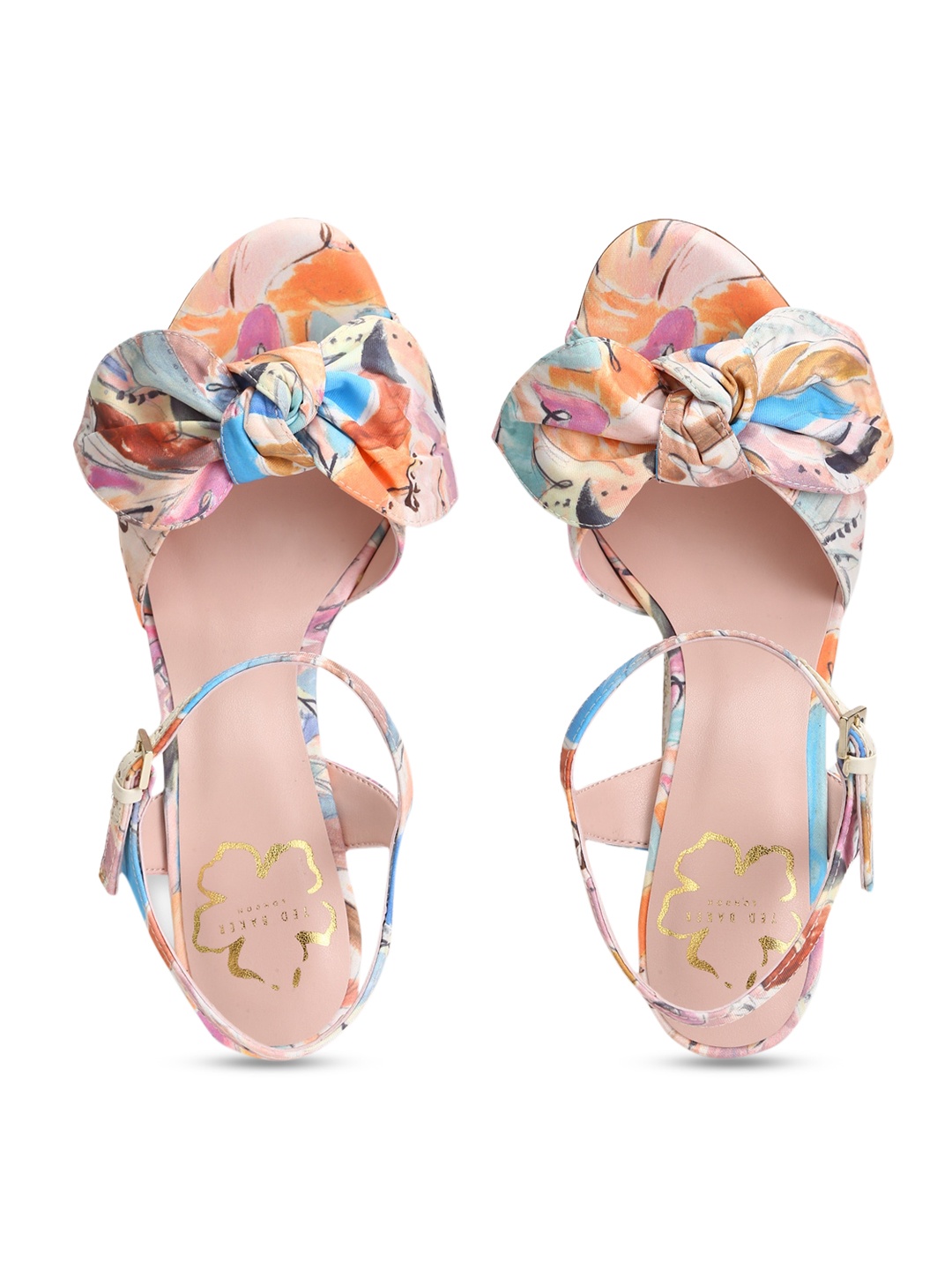 

Ted Baker Women Multi Color Printed PU High-Top Stiletto Sandals with Bows, Peach