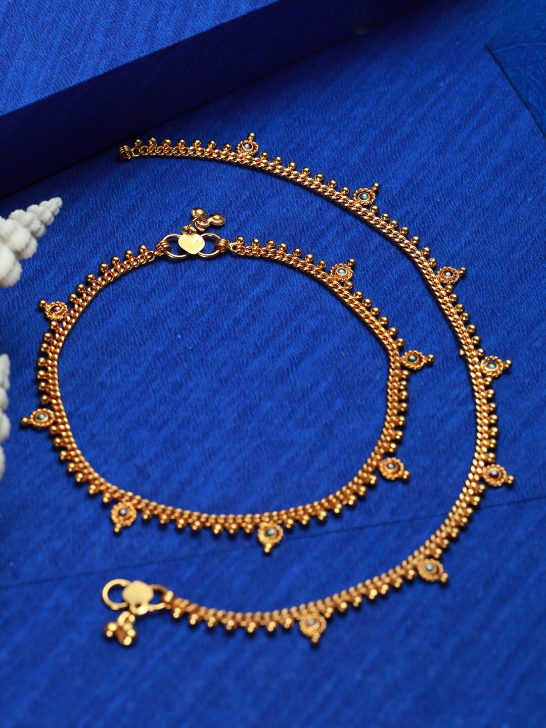 

Jazz and Sizzle Women Gold-Plated Green Stone Studded Anklets
