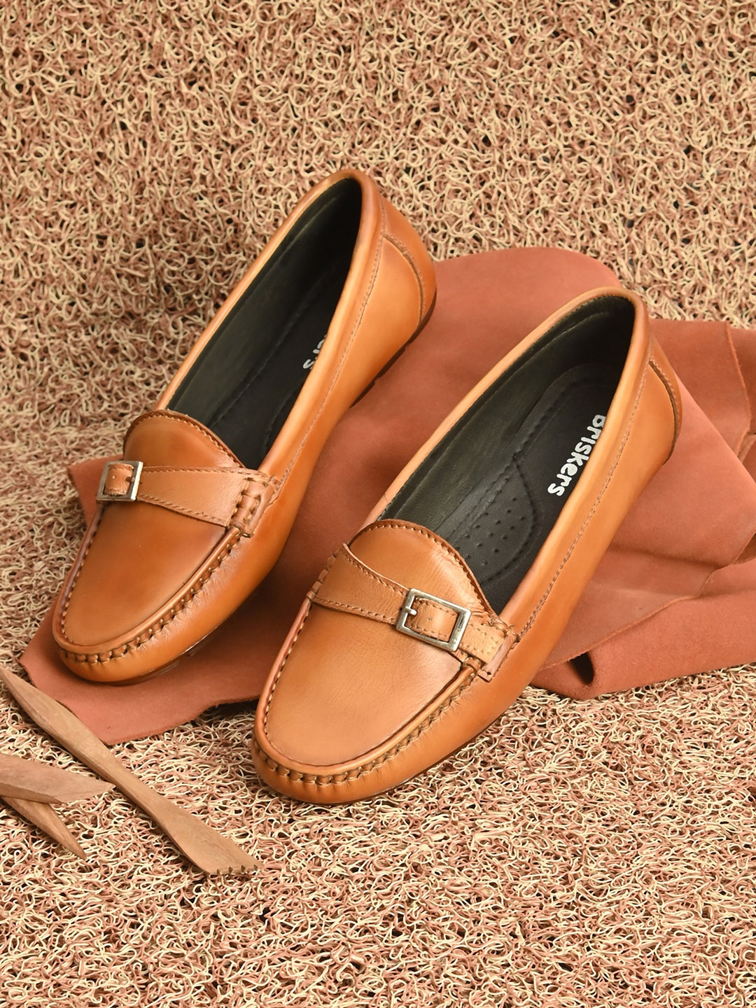

BRISKERS Women Tan Buckle Leather Loafers