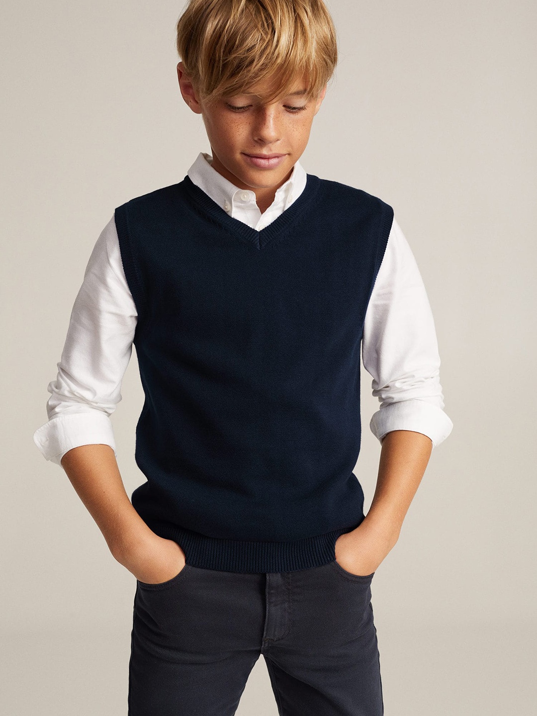 

Mango Kids Boys Pure Cotton Sustainable V-Neck Sweater Vest, Navy blue