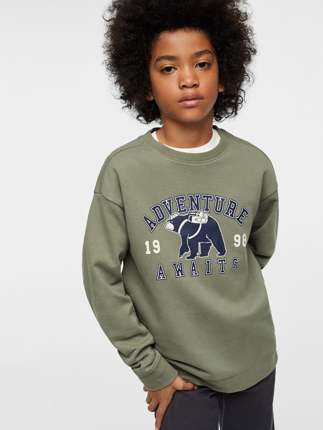 

Mango Kids Boys Olive Green & Blue Pure Cotton Typography Printed Sweatshirt