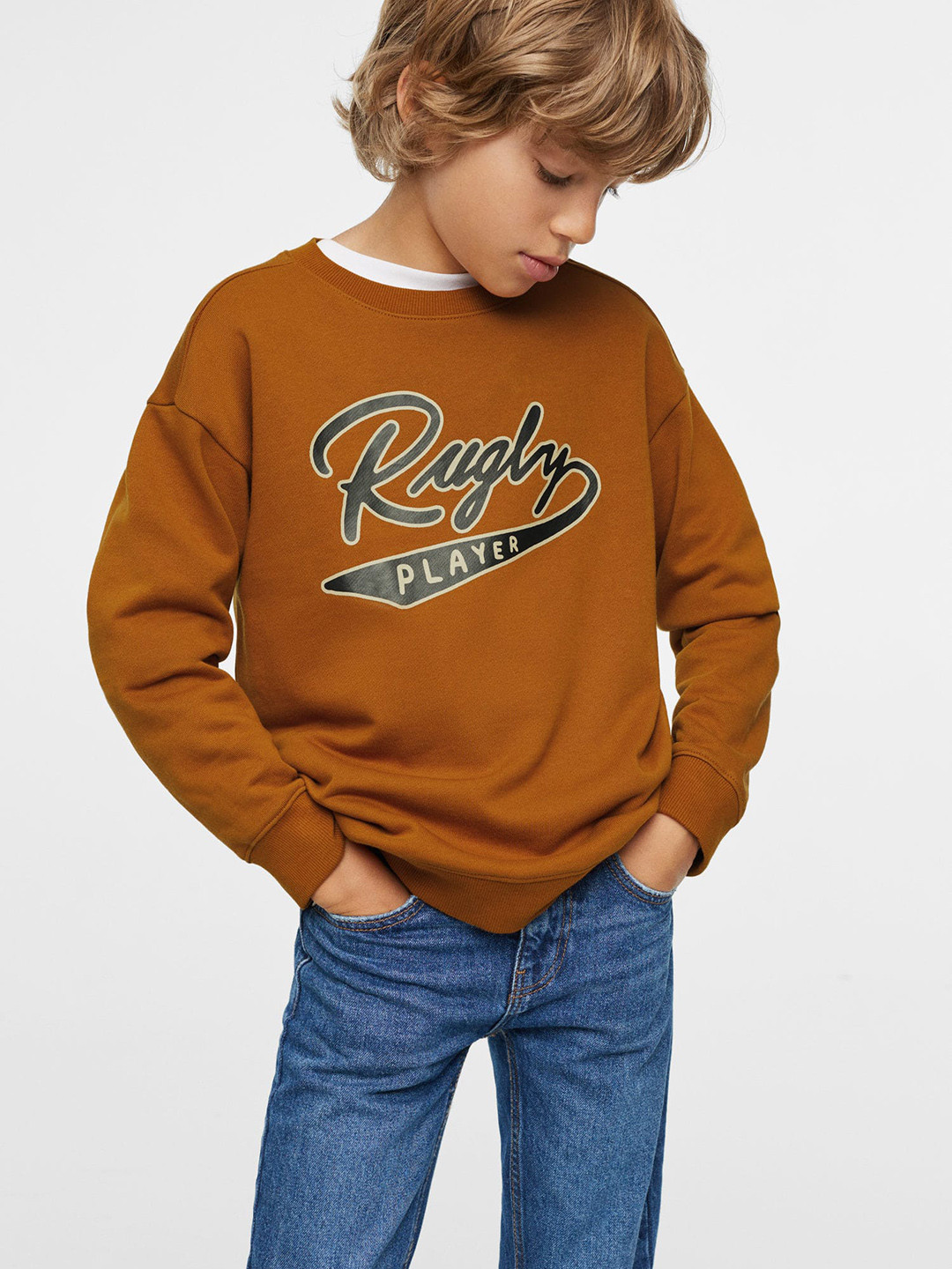 

Mango Kids Boys Mustard Yellow & Black Pure Cotton Typography Printed Sweatshirt