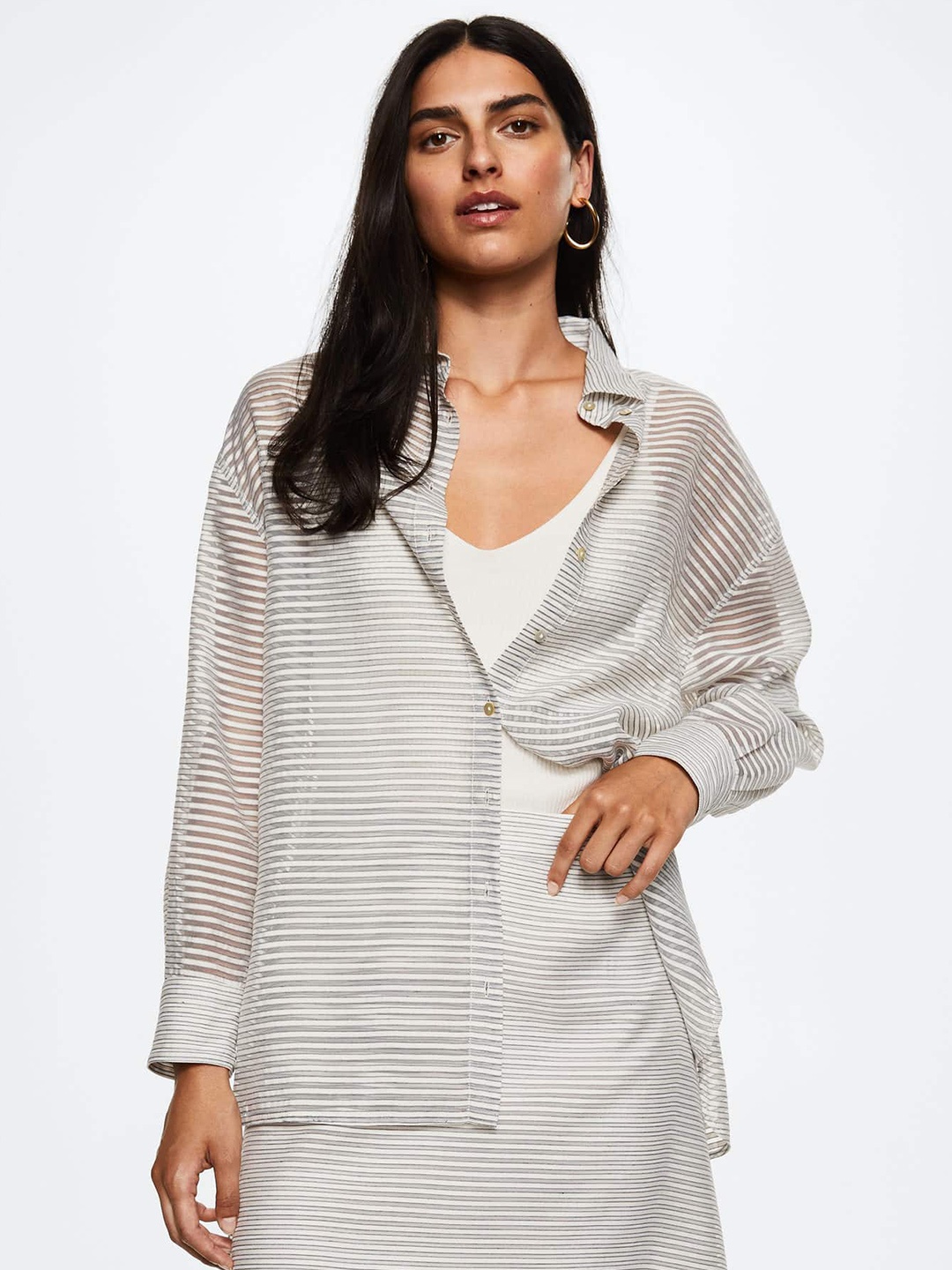 

MANGO Women Grey Horizontal Striped Sheer Oversized Casual Shirt