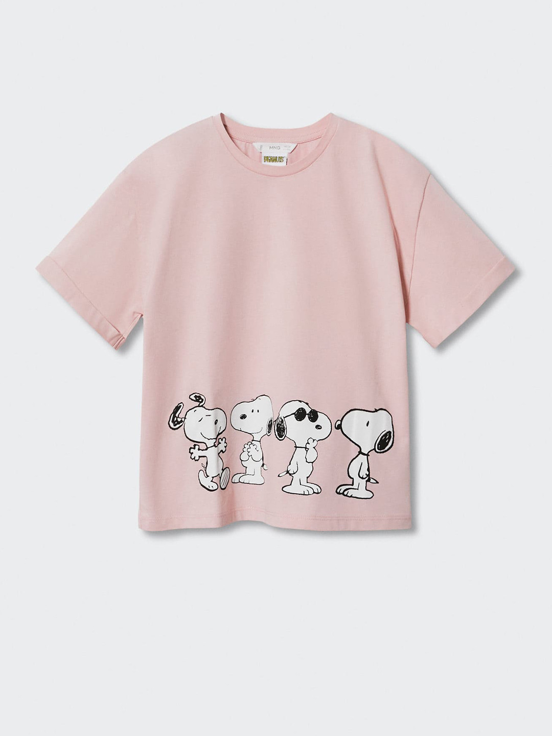 

Mango Kids Girls Pink & White Pure Cotton Snoopy Printed Drop-Shoulder Sleeves T-shirt
