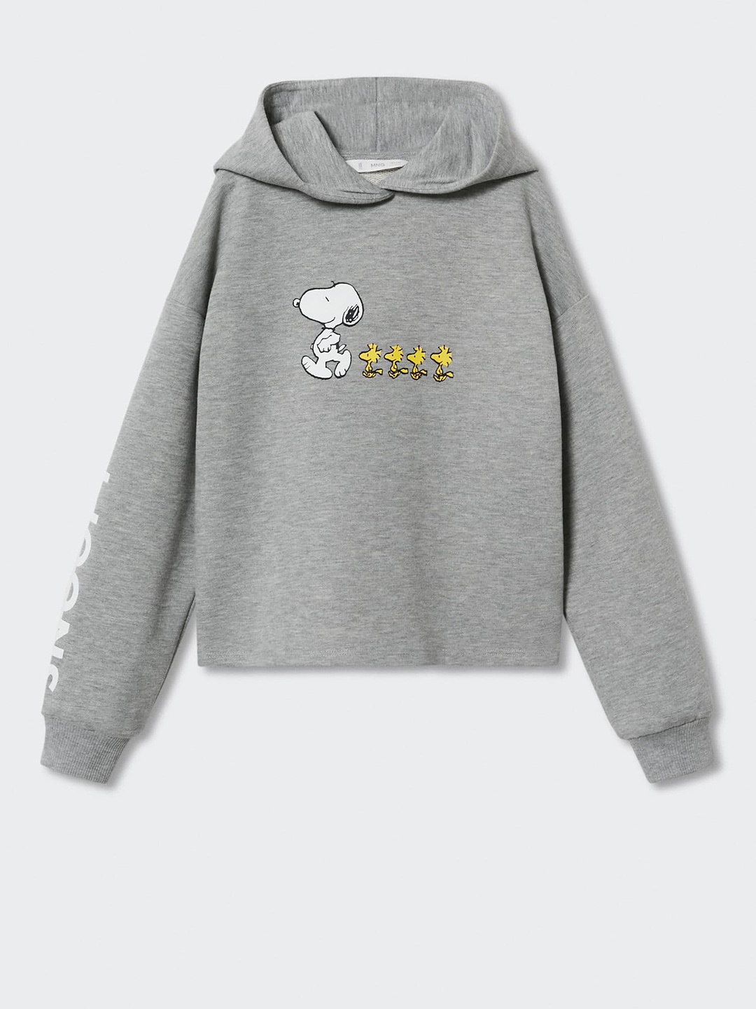 

Mango Kids Girls Grey Melange & White Peanuts Printed Sustainable Hooded Sweatshirt