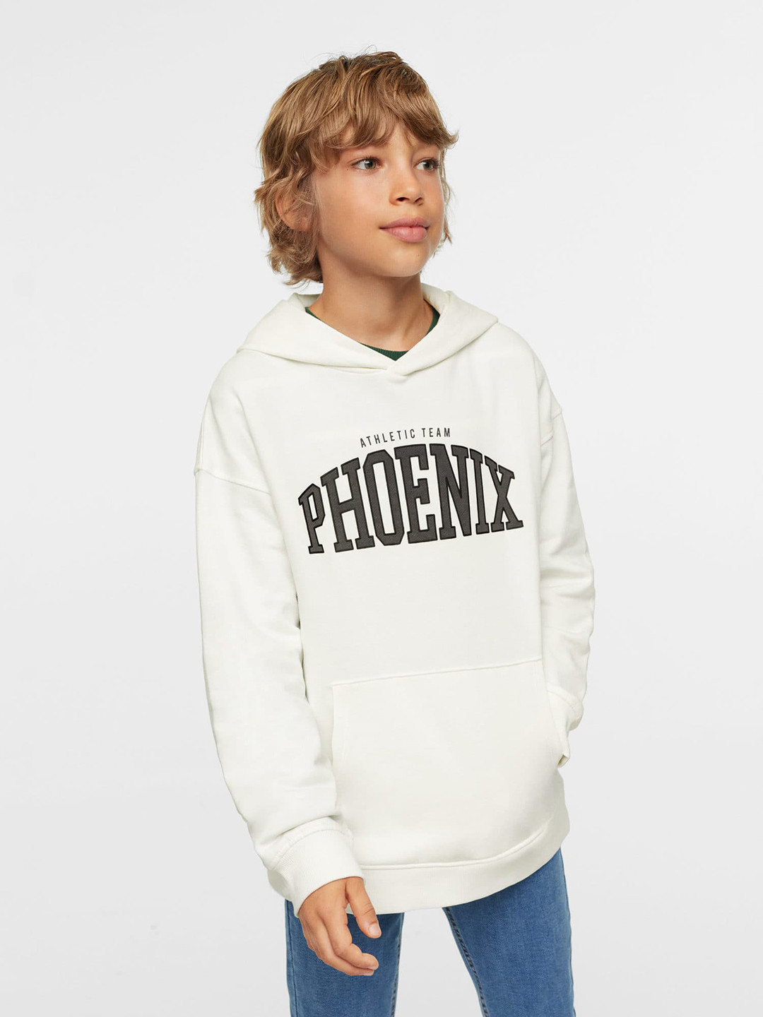 

Mango Kids Boys White Pure Cotton Typography Printed Hooded Sustainable Sweatshirt