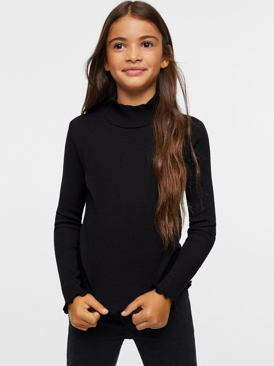 

Mango Kids Girls Solid Pure Cotton Ribbed High Neck Sustainable Top, Black