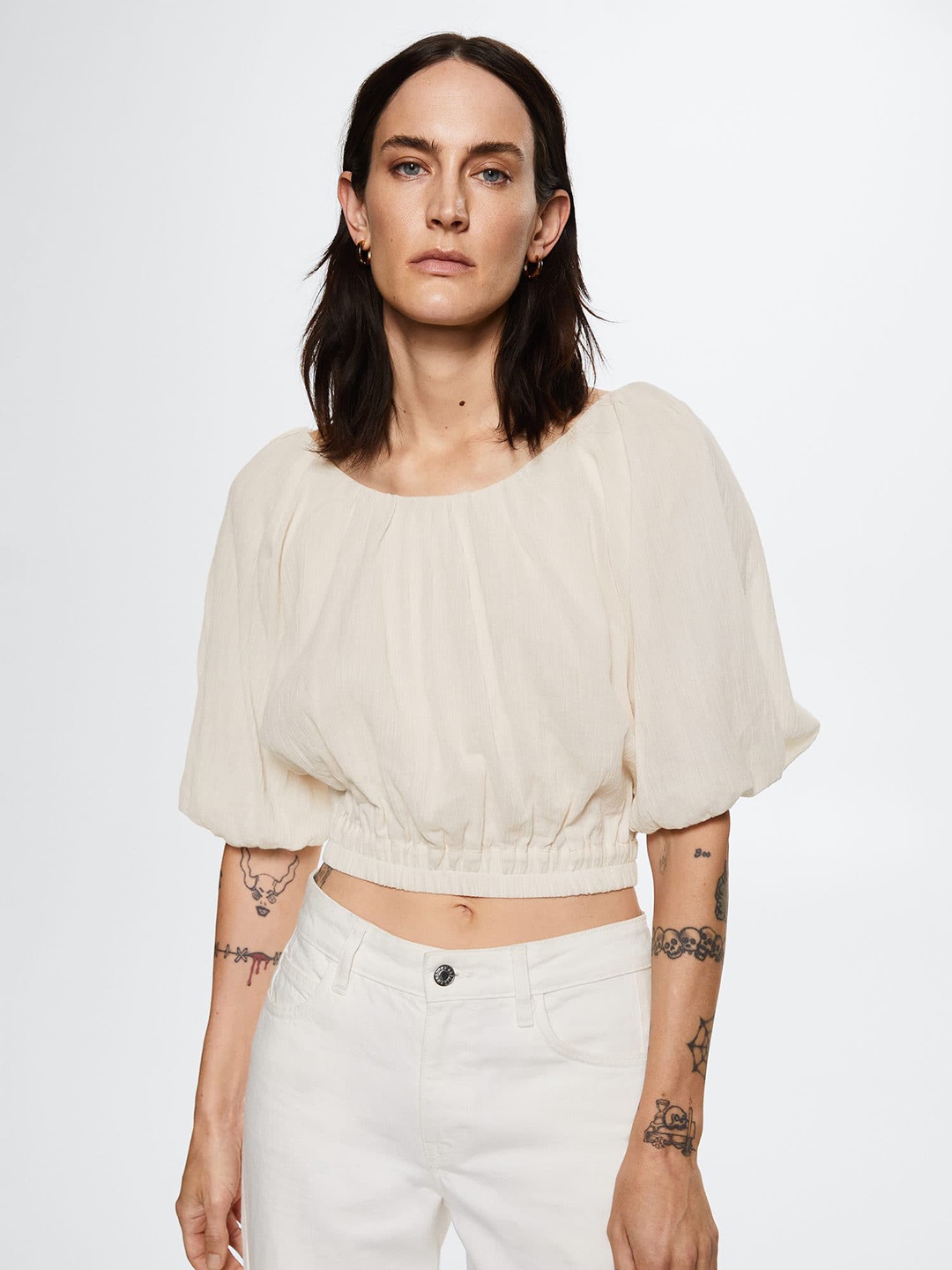 

MANGO Puff Sleeves Cotton Blouson Crop Top, Cream