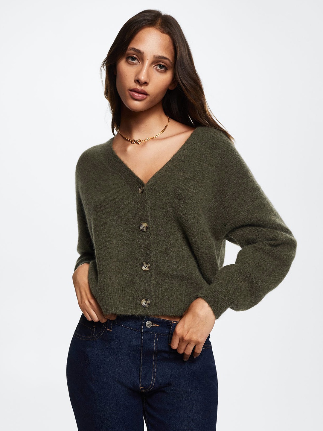 

MANGO Women Olive Green Solid Cardigan