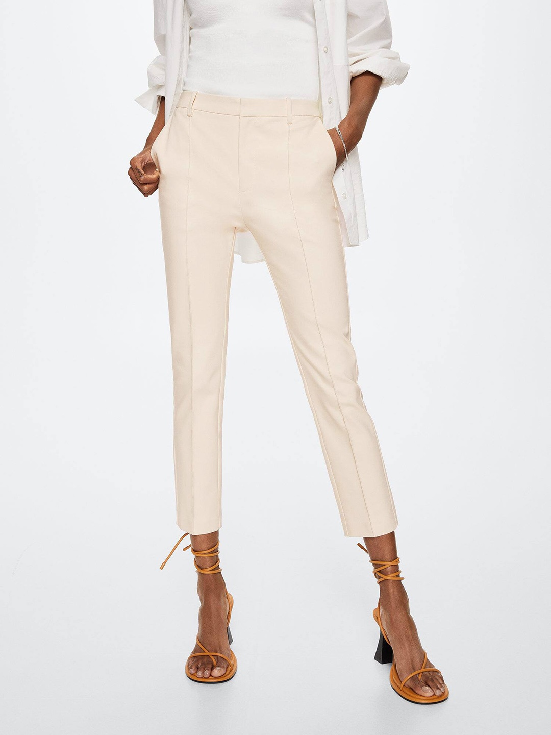 

MANGO Women Beige Solid Cropped Trousers