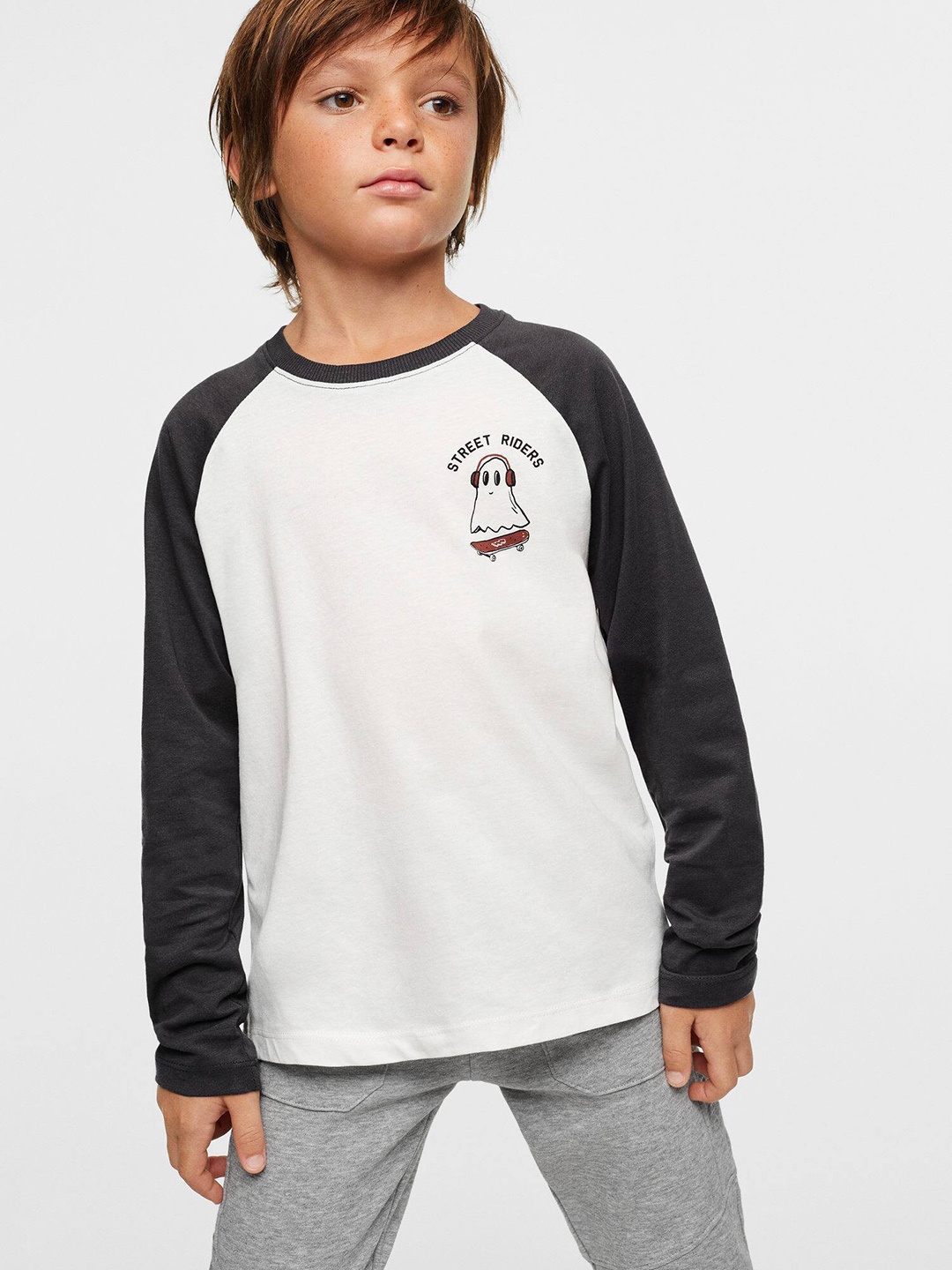 

Mango Kids Boys White & Charcoal Printed Sustainable Cotton T-shirt