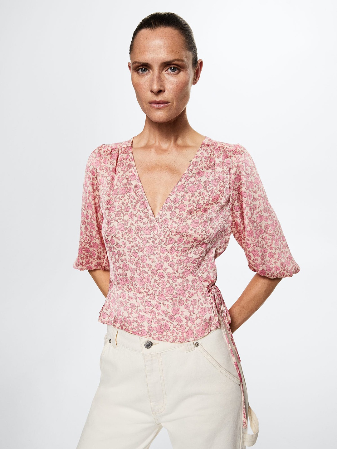 

MANGO Cream-Coloured & Pink Floral Print Wrap Top