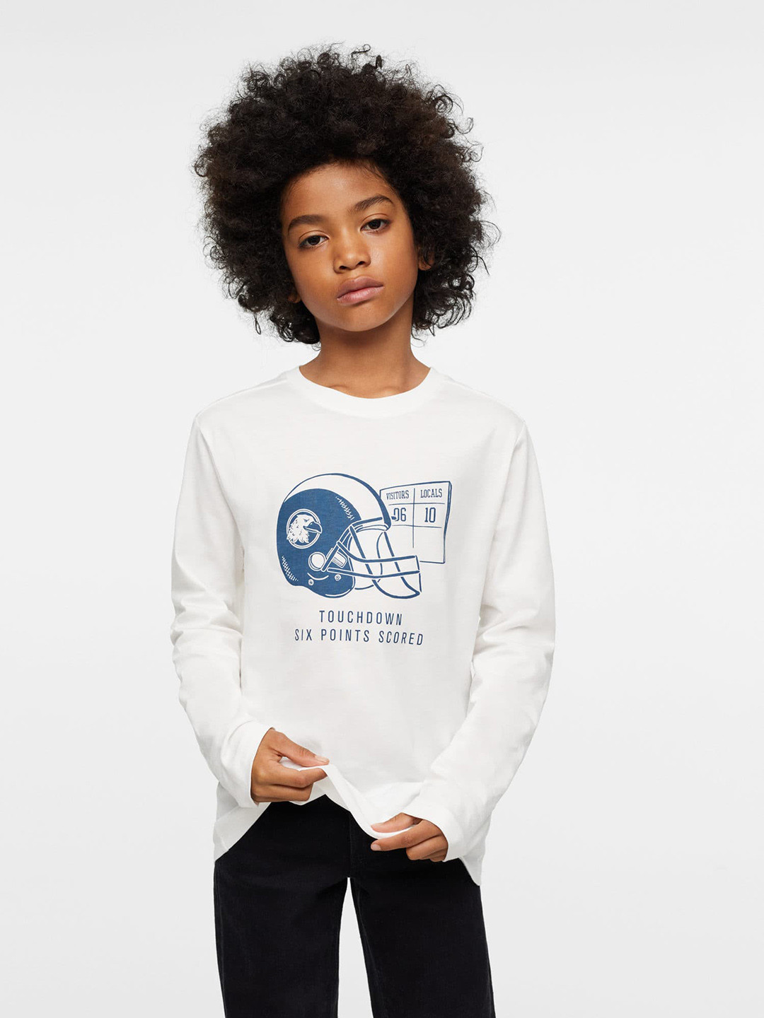 

Mango Kids Boys White & Blue Pure Cotton Graphic Printed T-shirt