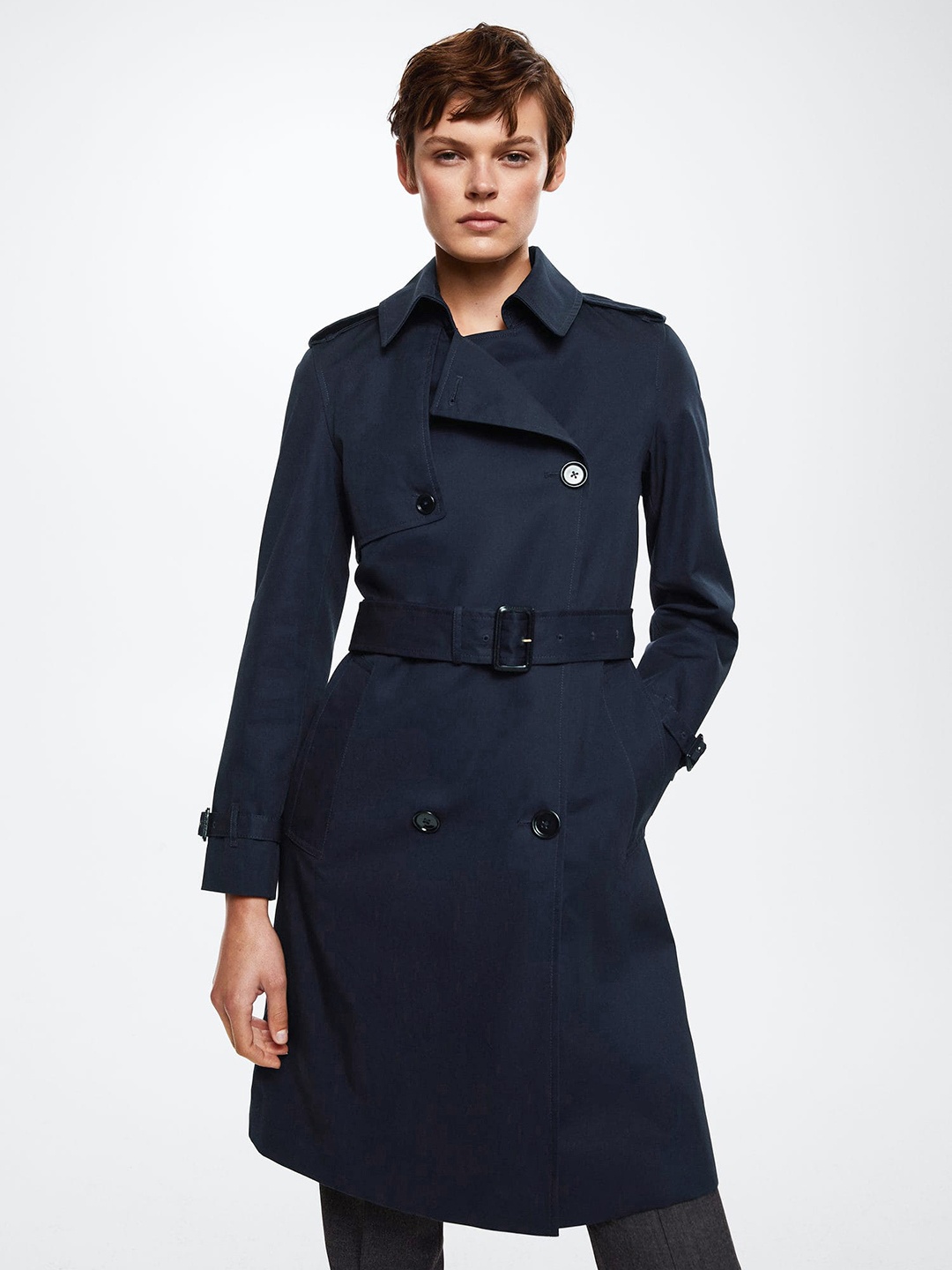 

MANGO Women Navy Blue Solid Double-Breasted Longline Trench Coat