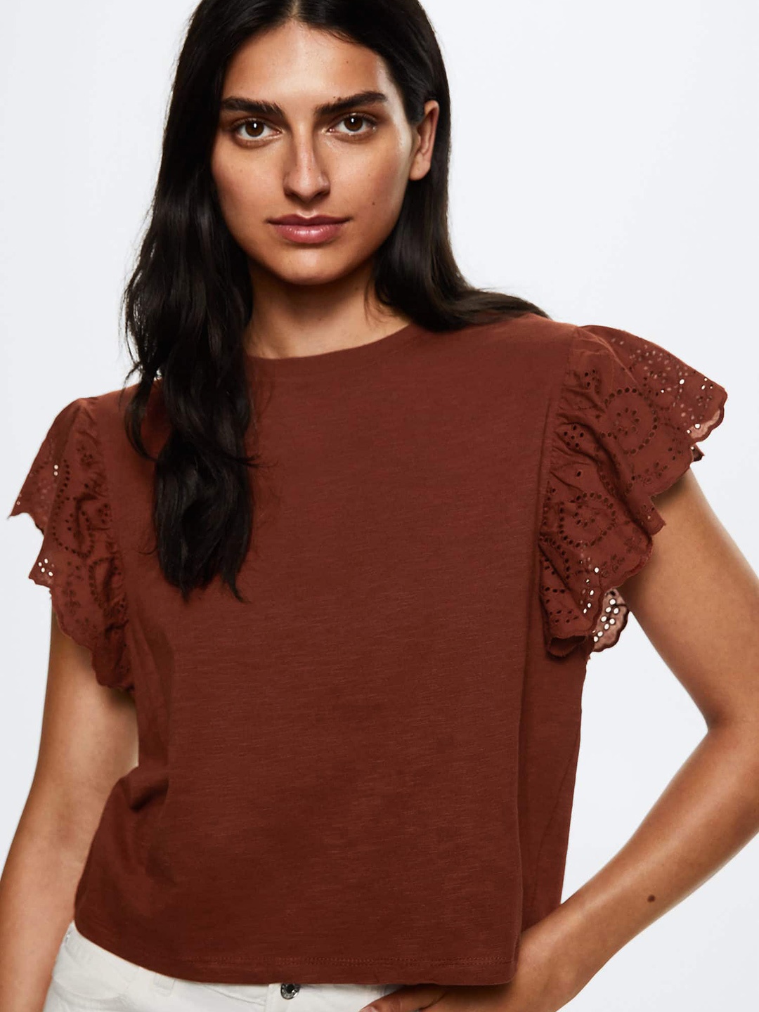

MANGO Maroon Solid Cotton Schiffli Detail Top