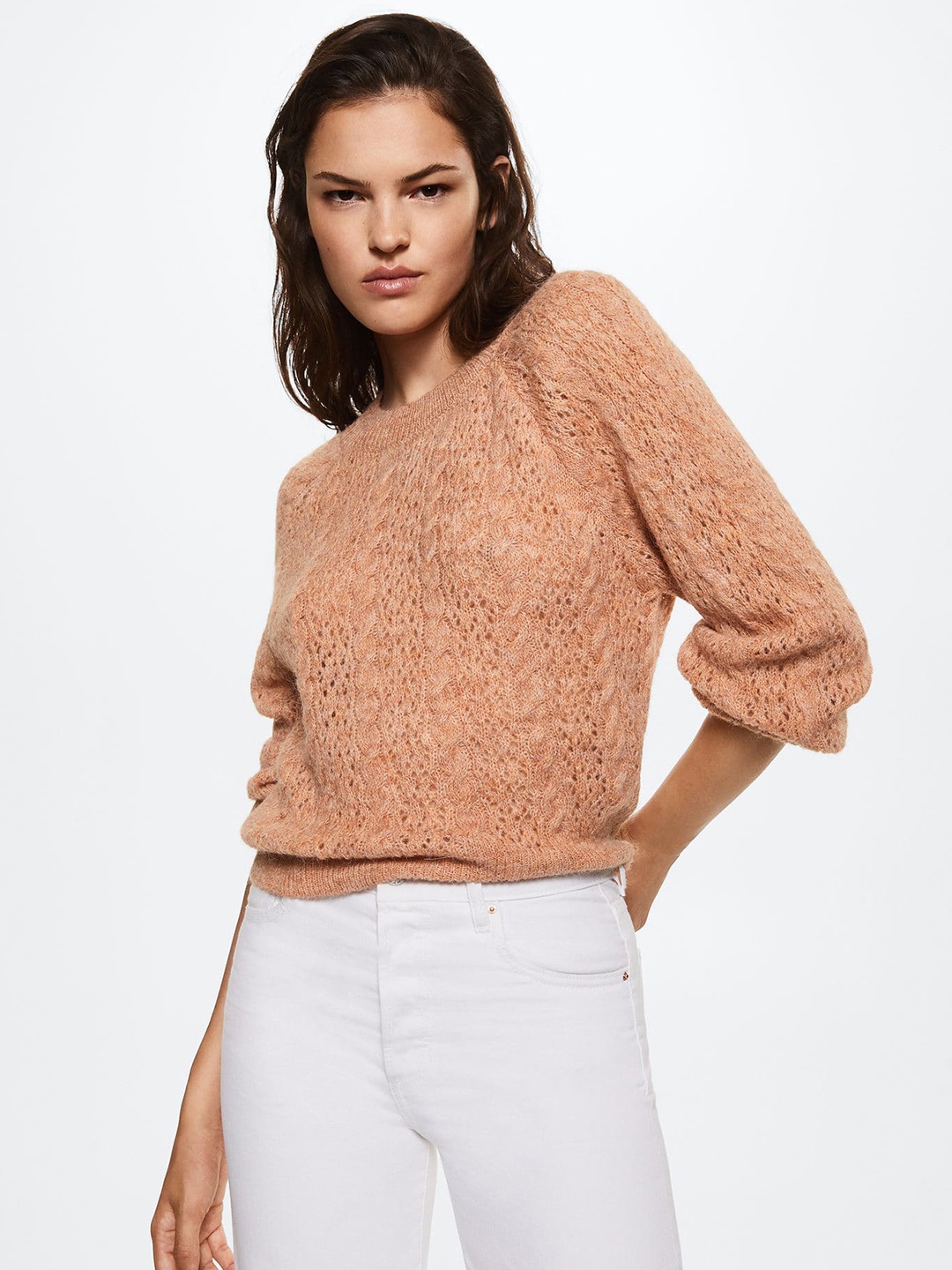 

MANGO Women Beige Open Knit Sustainable Pullover