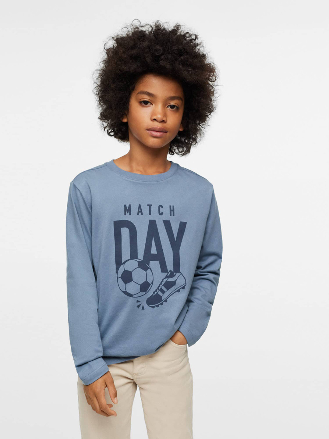 

Mango Kids Boys Blue Printed Drop-Shoulder Sleeves Sustainable Cotton T-shirt