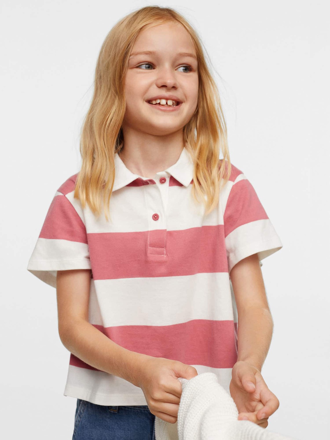 

Mango Kids Girls Off White & Pink Pure Cotton Striped Polo Collar T-shirt