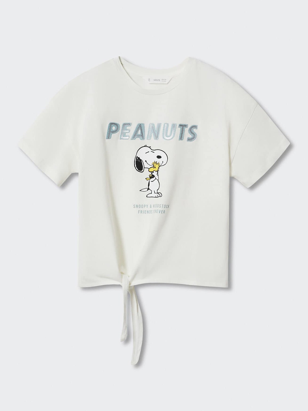 

Mango Kids Girls White & Blue Snoopy Print & Sequined Pure Cotton T-shirt
