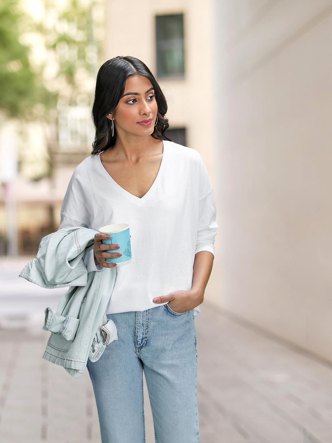 

MANGO Women White Solid V-Neck Drop-Shoulder Sleeves Pure Cotton T-shirt