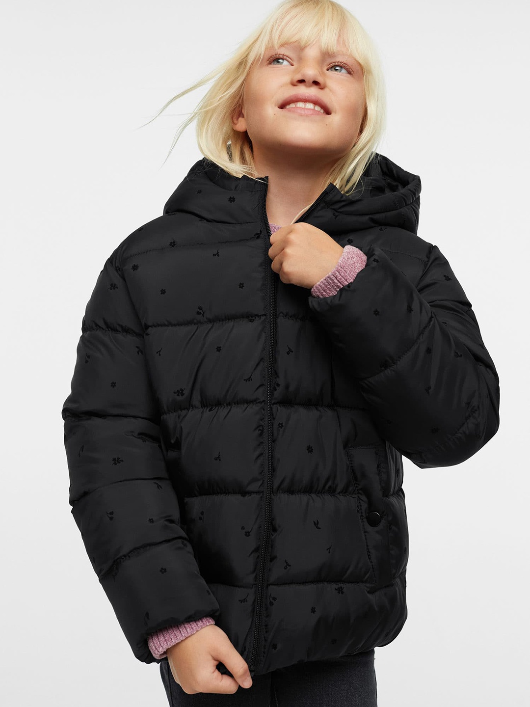 

Mango Kids Girls Floral Print Sustainable Puffer Jacket, Black