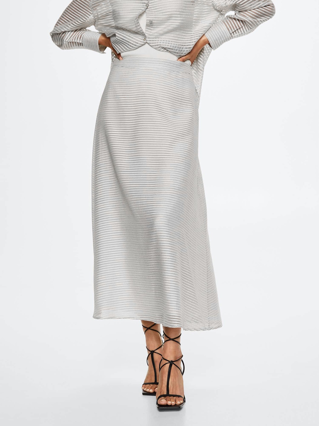 

MANGO Women White & Black Striped Midi A-Line Skirt