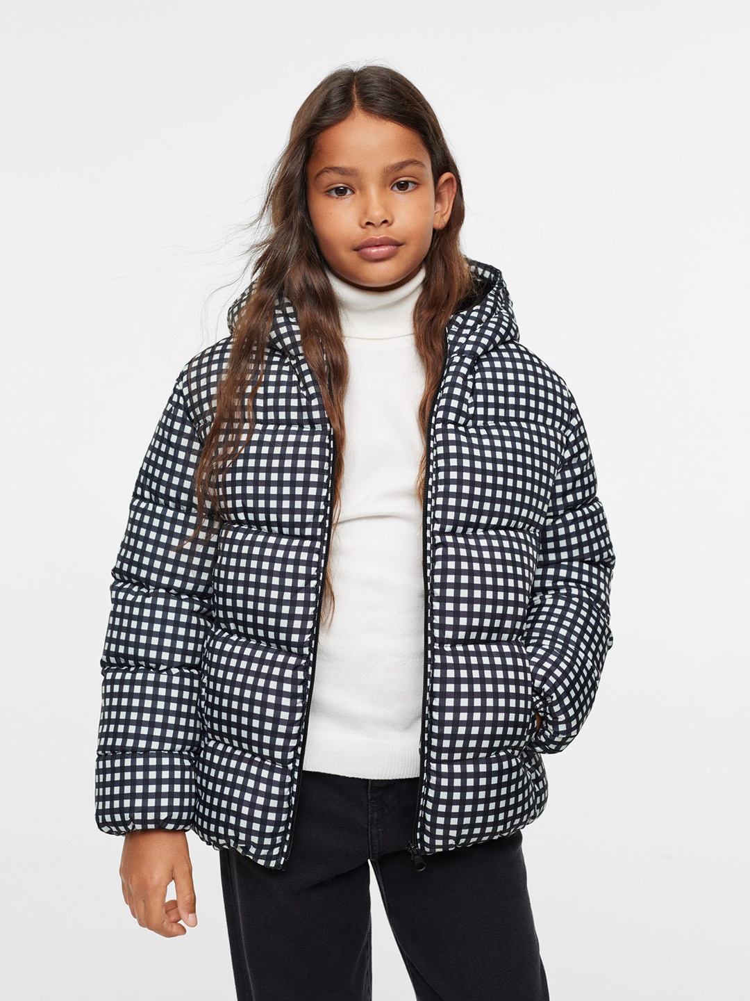 

Mango Kids Girls Checked Sustainable Puffer Jacket, White