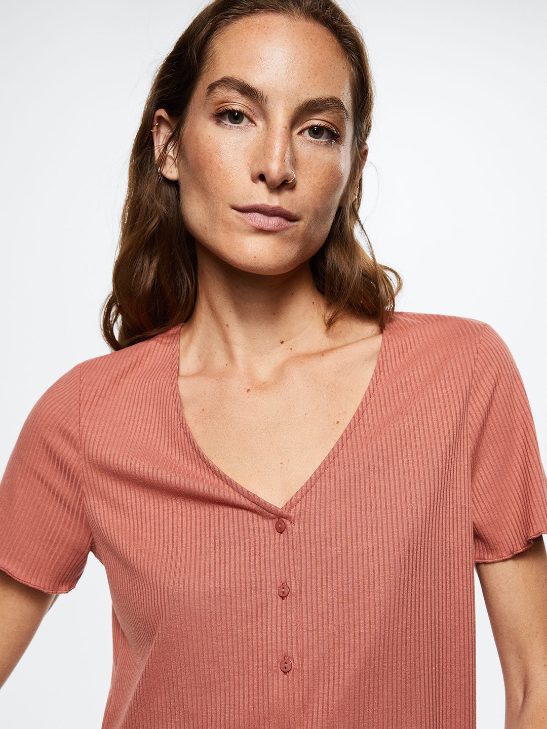 

MANGO Ribbed Front-Open Sustainable Top, Rust