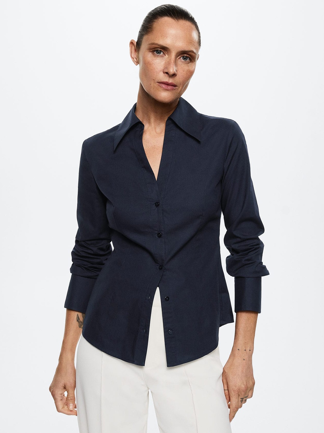

MANGO Women Navy Blue Solid Cotton Shirt